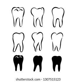 Set of tooth logo icon for dentist or stomatology dental care design template. Outline line tooth symbol for dentistry clinic or dentist medical center and toothpaste package. Vector illustration.
