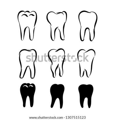 Set of tooth logo icon for dentist or stomatology dental care design template. Outline line tooth symbol for dentistry clinic or dentist medical center and toothpaste package. Vector illustration.