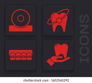 Set Tooth, Otolaryngological head reflector, Tooth whitening concept and Teeth with braces icon. Vector