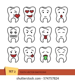 Set of tooth outline emoticons. Isolated vector illustration on white background. Dent emoji