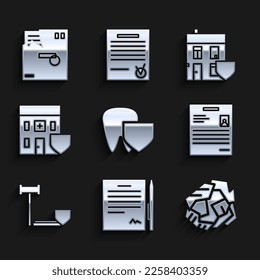 Set Tooth with shield, Contract pen, Crumpled paper ball, Personal document, Judge gavel, Medical hospital building, House and Ordered envelope icon. Vector