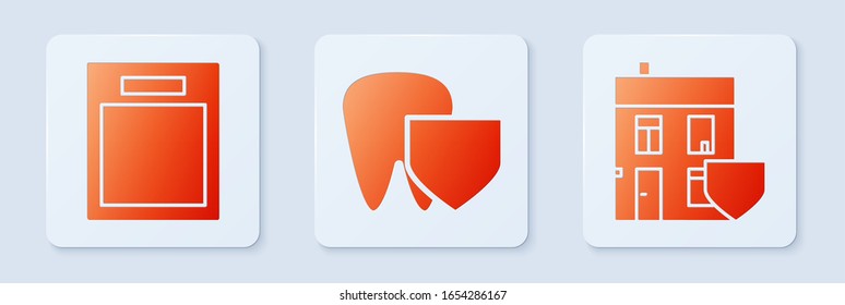 Set Tooth with shield, Empty form and House with shield. White square button. Vector