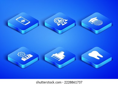 Set Tooth, cesta de compras en el móvil, cartucho de rollo de película de cámara, Cabeza con equipo dentro, estrategia de marketing y icono del globo de tapón de graduación. Vector