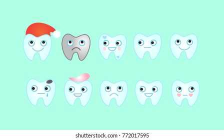 Set of tooth stickers. Cheerful teeth vector illustration.