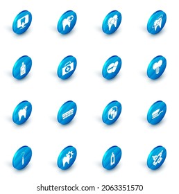 Set Tooth, Teeth with braces, whitening concept, Mouthwash plastic bottle, First aid kit, Dental implant and Medicine pill or tablet icon. Vector