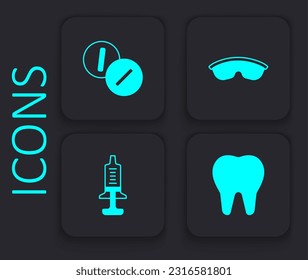 Set Tooth, Toothache painkiller tablet, Safety goggle glasses and Syringe icon. Black square button. Vector