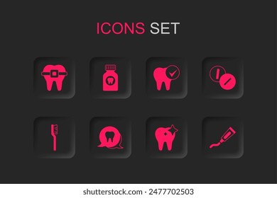 Set Tooth, Toothache painkiller tablet, Teeth with braces, whitening, Tube of toothpaste,  and Toothbrush icon. Vector