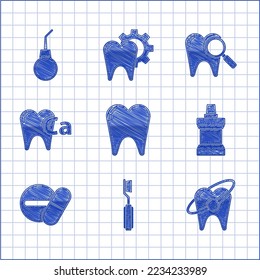 Set Tooth, Toothbrush, whitening concept, Mouthwash plastic bottle, Medicine pill or tablet, Calcium for tooth, Dental search and Enema pear icon. Vector