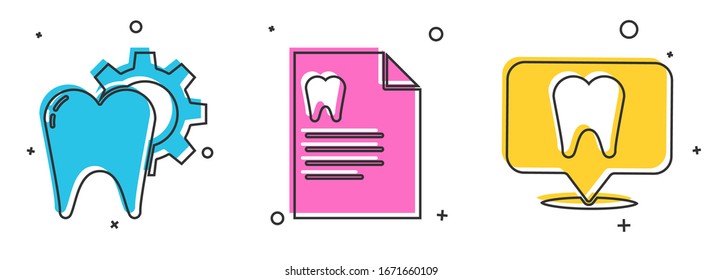 Set Tooth Behandlungsverfahren, Zwischenablage mit Dentalkarte und Dental Clinic Location Icon. Vektorillustration