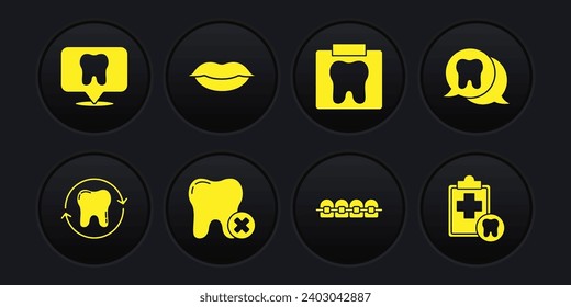 Set Tooth whitening, with caries, Teeth braces, X-ray of tooth, Smiling lips, Dental card and clinic location icon. Vector
