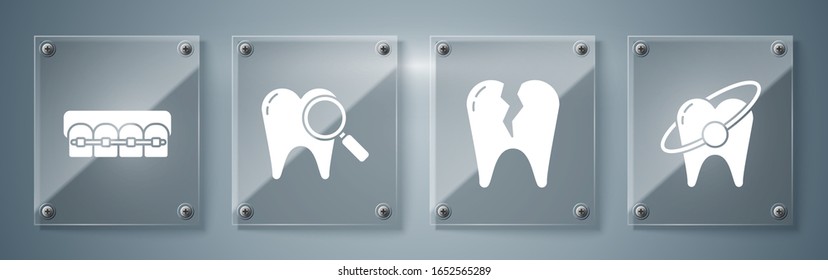 Establecer concepto de blanqueamiento dental, Dientes rotos, Búsqueda dental y Dientes con llaves. Paneles de vidrio cuadrado. Vector