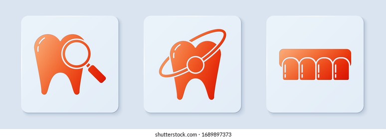 Set Tooth whitening concept, Dental search and Dentures model. White square button. Vector
