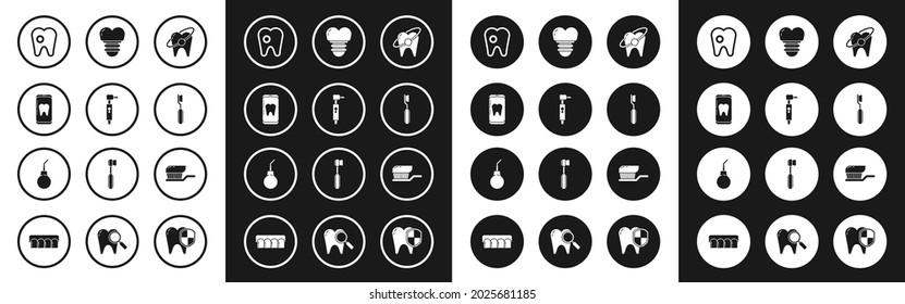 Set Tooth Whitening Konzept, Bohren, Online Zahnpflege, mit Karies, Zahnbürste, Zahnimplantat, Zahnpasta und Enema Birne Symbol. Vektorgrafik