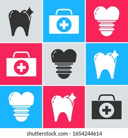 Set Tooth whitening concept, First aid kit and Dental implant icon. Vector