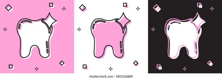 Establece el icono del concepto de blanqueamiento dental aislado en fondo rosa y blanco, negro. Símbolo dental para clínica odontológica o centro médico odontológico. Vector.