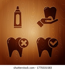 Set Tooth whitening concept, Tube of toothpaste, Tooth with caries and Tooth on wooden background. Vector