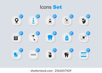 Set Tooth whitening, drill, Tube of toothpaste, Dentures model, X-ray, Dental clinic location and  icon. Vector