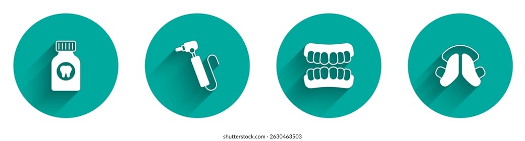 Set Toothache painkiller tablet, drill, Dentures model and Dental tooth plate icon with long shadow. Vector