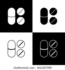 Establezca el icono del comprimido analgésico de dolor de dientes aislado sobre fondo blanco y negro. Medicina para el cuidado dental. Píldora de la cápsula y droga. Diseño de farmacia. Vector.
