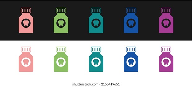 Set Toothache painkiller tablet icon isolated on black and white background. Tooth care medicine. Capsule pill and drug. Pharmacy design.  Vector