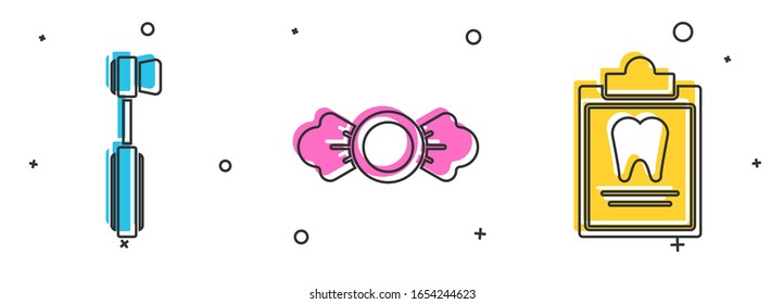 Set Toothbrush, Candy and Clipboard with dental card icon. Vector