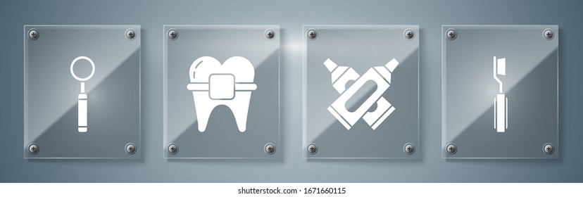 Set Toothcel, Tubo cruzado de dentífrico, Dientes con llaves y espejo de inspección dental. Paneles de vidrio cuadrado. Vector