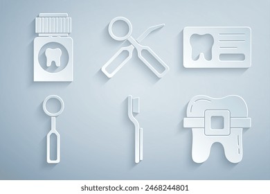 Set Toothbrush, Dental card, inspection mirror, Teeth with braces,  and Painkiller tablet icon. Vector