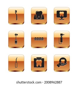 Set Toothbrush, Dental explorer scaler, X-ray of tooth, Teeth with braces, clinic location,  and  icon. Vector