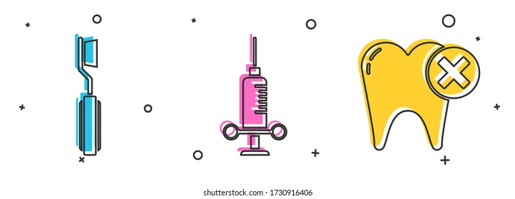 Set Toothbrush, Dental medical syringe and Tooth with caries icon. Vector