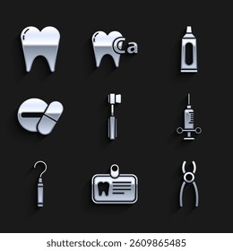 Set Toothbrush, Id card with tooth, Dental pliers, medical syringe, explorer scaler for teeth, Medicine pill tablet, Tube of toothpaste and  icon. Vector