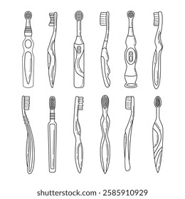 Set of toothbrush outline doodle collection vector illustration isolated on white background, Dental brush cleaning tools set icon for hygiene oral, manual and electric toothbrush, Dental for children