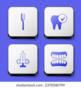 Set Toothbrush, Syringe and Dentures model icon. White square button. Vector