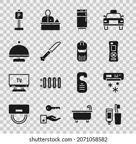 Set Toothbrush and toothpaste, Air conditioner, Remote control, Refrigerator, Knife, Covered with tray, Parking and Trash can icon. Vector