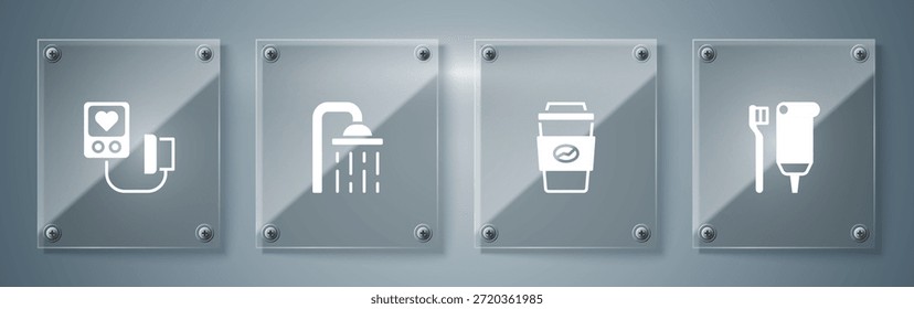 Set Cepillo de dientes y pasta de dientes, taza de café go, cabeza de ducha y presión arterial. Paneles de vidrio cuadrados. Vector