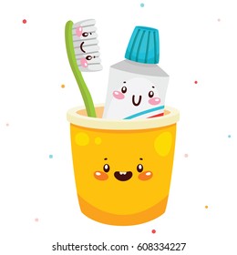 Set with toothbrush, toothpaste and cup, cartoon characters, oral dental hygiene, set, collection, vector.
