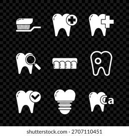 Conjunto de cepillo de dientes con pasta de dientes, clínica dental para el cuidado dental, concepto de blanqueamiento, implante, calcio, búsqueda e icono del modelo de dentaduras postizas. Vector