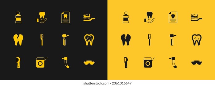 Colocar cepillo de dientes con pasta dental, hilo dental, taladro, tarjeta dental del portapapeles, lavado de boquilla e icono. Vector