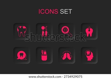 Set Toothbrush and toothpaste, Dental mirror probe, Broken, plate, Toothache, search and  icon. Vector