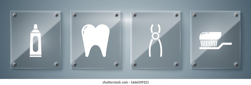 Set Toothbrush with toothpaste, Dental pliers, Tooth and Tube of toothpaste. Square glass panels. Vector