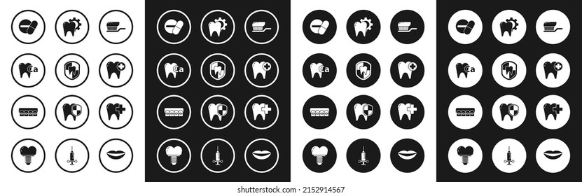 Set Toothbrush with toothpaste, Dental protection, Calcium for, Medicine pill tablet, treatment procedure, clinic dental care and Teeth braces icon. Vector