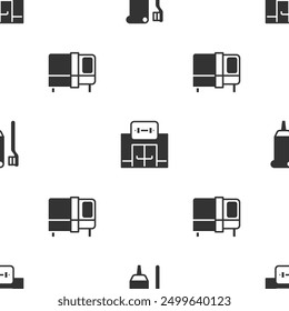 Cepillo de dientes y pasta de dientes, edificio de gimnasio y cama en el patrón sin fisuras. Vector