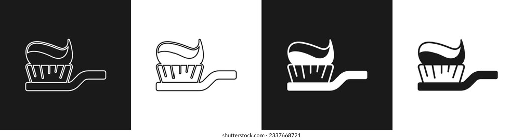 Set Toothbrush with toothpaste icon isolated on black and white background.  Vector