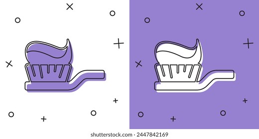 Set Cepillo de dientes con icono de pasta de dientes aislado sobre fondo blanco y púrpura.  Vector