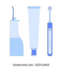 Conjunto de cepillo de dientes, pasta de dientes e irrigador. Herramientas de limpieza dental. Equipo higiénico dental eléctrico. Ilustración plana vectorial de salud de los dientes aislada en fondo blanco