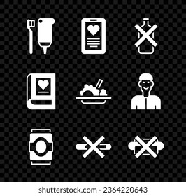 Set Toothbrush and toothpaste, Medical clipboard, No alcohol, Soda can, Smoking, junk food, book and Healthy icon. Vector