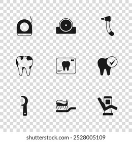 Definir Escova de dentes com pasta de dentes, cadeira odontológica médica, raio-X de, broca, fio dental, refletor de cabeça otorrinolaringológica e ícone quebrado. Vetor