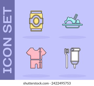 Ponga cepillo de dientes y pasta de dientes, lata de soda, traje de pista deportivo e icono de comida saludable. Vector