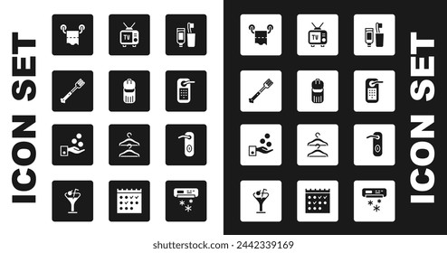 Set Toothbrush and toothpaste, Trash can, Fork, Toilet paper roll, Digital door lock, Retro tv, Door handle and Paying tips icon. Vector