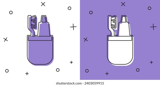 Ajuste el cepillo de dientes y el tubo del ícono de pasta dental aislados sobre fondo blanco y púrpura. Suministros de baño desechables.  Vector