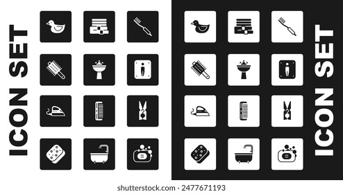 Set Toothbrush, Washbasin with water tap, Hairbrush, Rubber duck, Male toilet, Towel stack, Clothes pin and Electric iron icon. Vector